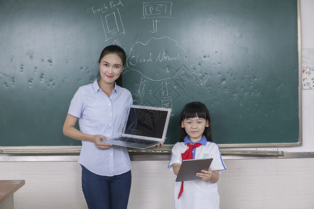 女老师和女同学在学校用电子产品上课背景图片