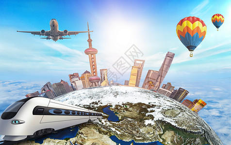 飞机气球素材出国游学设计图片