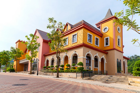彩色蘑菇房子彩色欧式建筑背景