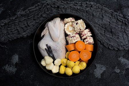 肉禽类玉米板栗红萝卜马蹄煲鸡汤材料摆盘素材图片背景