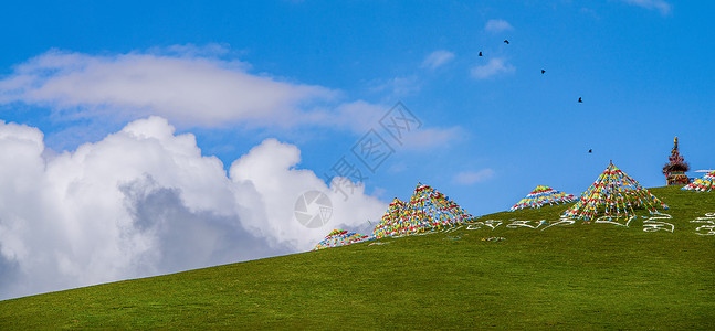 天空飞鸟素材草原经幡背景