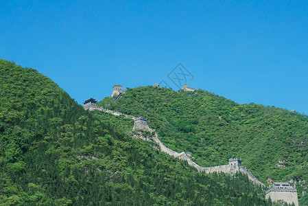 蓝天绿水青山缠绕在绿色山林的长城巨龙背景