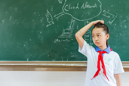 小学教室黑板前女生在思考背景