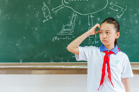 小学教室黑板前女生在思考图片