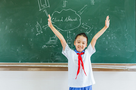 小学教室女生黑板前欢呼背景图片