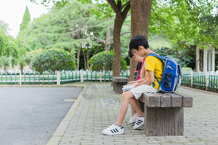 坐在大树下背着书包的小学生背景图片