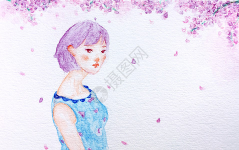 花瓣掉落手绘水彩女孩插画