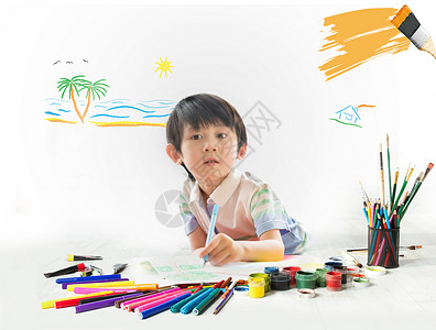 拿画笔小男孩画画学习设计图片