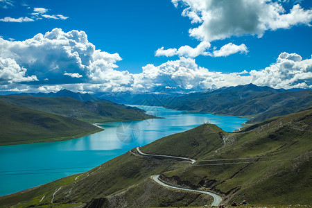 高原湖西藏羊湖天路羊卓雍措美景背景