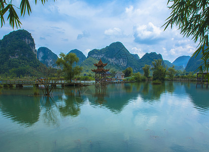 中国风亭子夏日唯美靖西鹅泉山水画背景