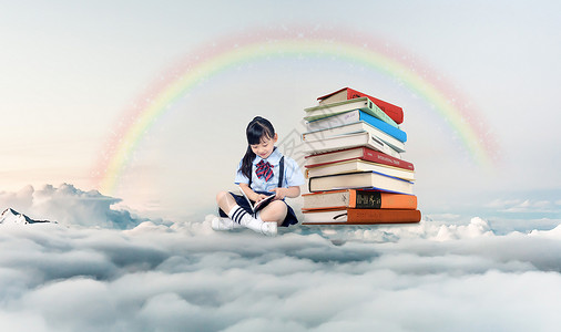 儿童可爱彩虹云端上看书的女孩儿设计图片