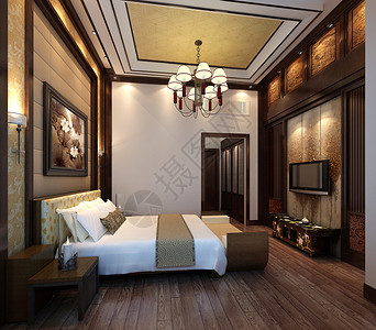 实木套房新中式卧室效果图背景