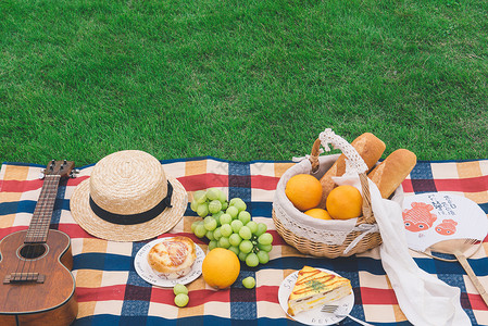 橙子面包户外绿草地上野餐背景