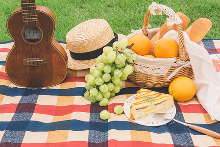 橙子面包户外绿草地上野餐背景