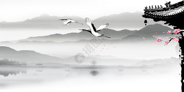 仙鹤和树水墨中国风设计图片