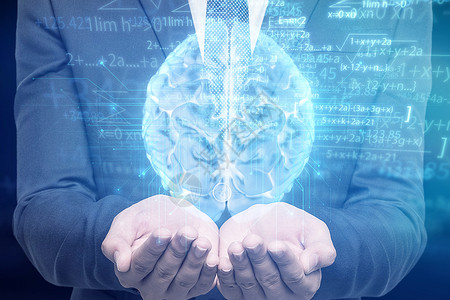 手上的科技大脑和数据公式背景图片