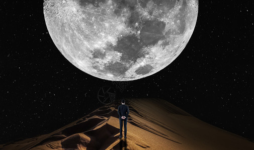 沙漠星空背景月球与孤独的人设计图片