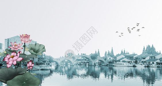 安静湖面江南小镇和荷花设计图片