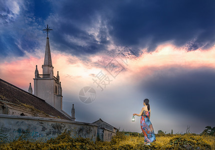 黑暗背影女人和教堂背景