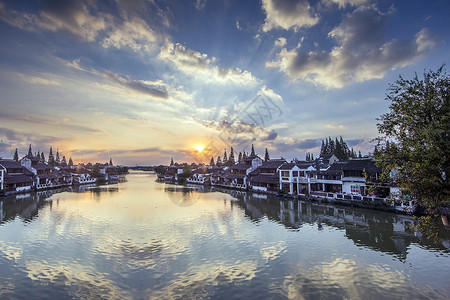 夕阳下的江南古镇小桥流水中国风高清图片素材