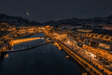 凤凰古城月亮夜景高清图片