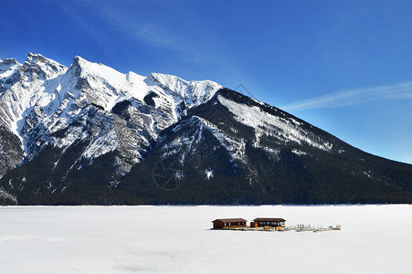 卡芙尼加拿大班夫国家公园雪山Lake Minnewanka背景