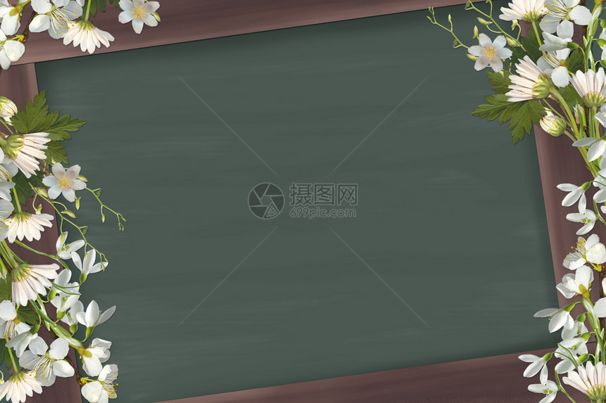 小白菊木框黑板背景图片