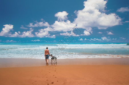 狗旅行印度洋边老人与狗背景