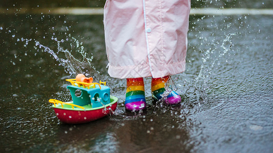 儿童简报素材下雨天穿雨鞋的小朋友玩水背景