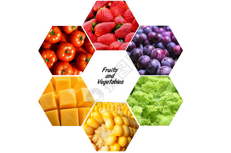 新鲜绿香瓜水果和蔬菜拼接的色彩图设计图片