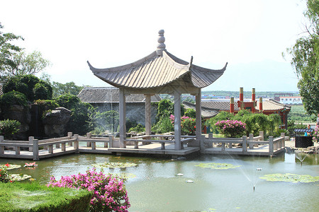 古风湖水美丽的古典花园背景