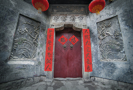 红色中国灯笼湖广会馆一角古建筑大门背景