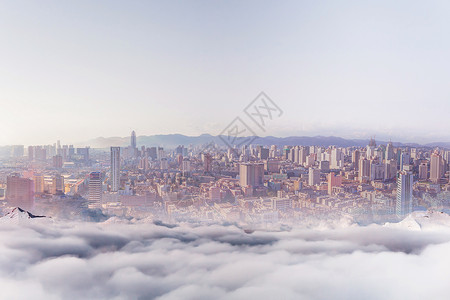 海市蜃楼水塘云雾中的城市设计图片