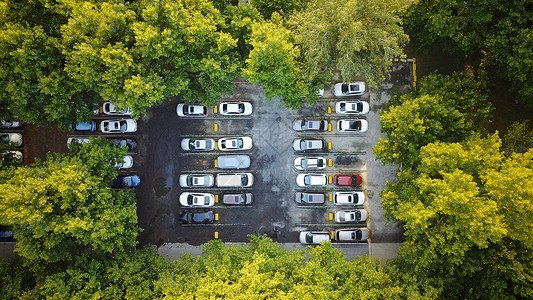 停车场导视牌空中看树林中的停车场背景