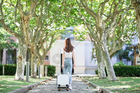 学生旅游背影拉着行李箱的女生背影背景