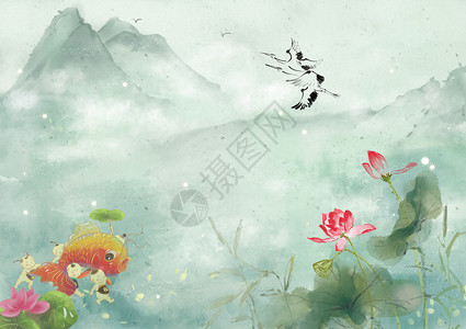 莲花框中国风山水背景设计图片
