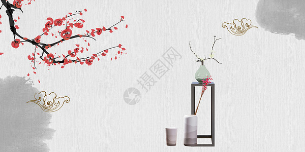 中国风桌子水墨花瓶梅花高清图片