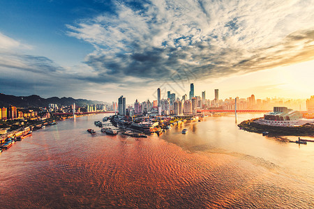 梦幻划艇日落唯美重庆城市风光背景