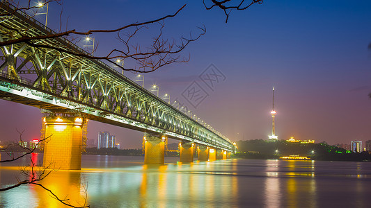 公路铁路两用桥武汉长江大桥夜景背景