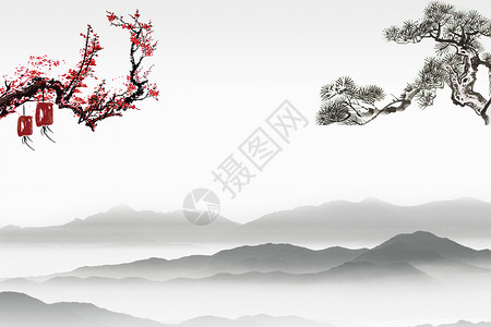 国画比赛素材中国风梅花松树水墨山水背景设计图片