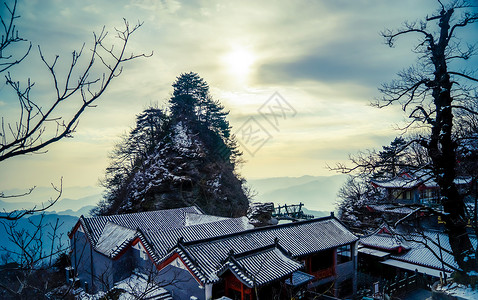 武当山旅游道教圣地武当山清晨雪景风光背景