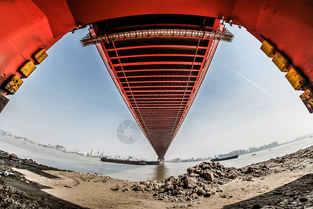 红色大桥鱼眼风景高清图片