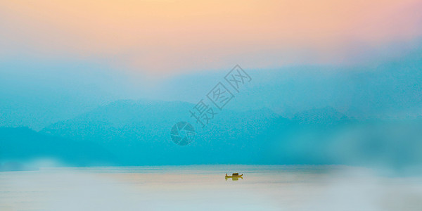 水煮面云雾小舟泛水面背景