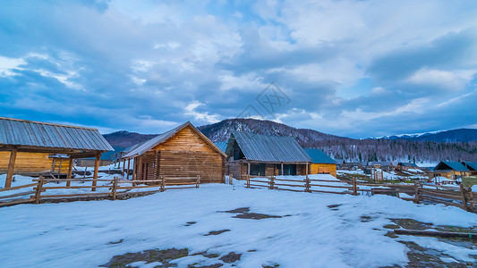 冰雪建筑新疆喀纳斯景区禾木村背景
