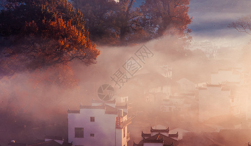 大山村婺源石城秋色山村晨雾景观背景