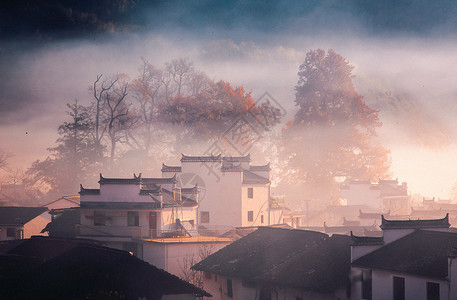 景观传统的婺源石城秋色山村晨雾景观背景