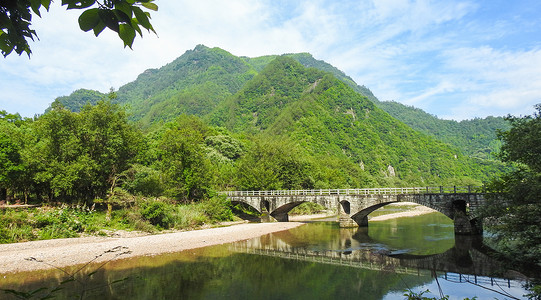 蓝天下的高山河流和桥梁图片