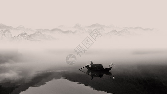 黑白小清新山水画充满中国风意境的小东江雾气背景