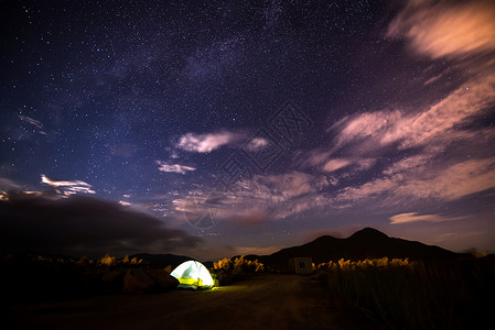云朵和流星星空下的帐蓬背景