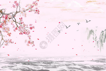 樱花树上飞鸟中国风水墨山水花鸟背景设计图片